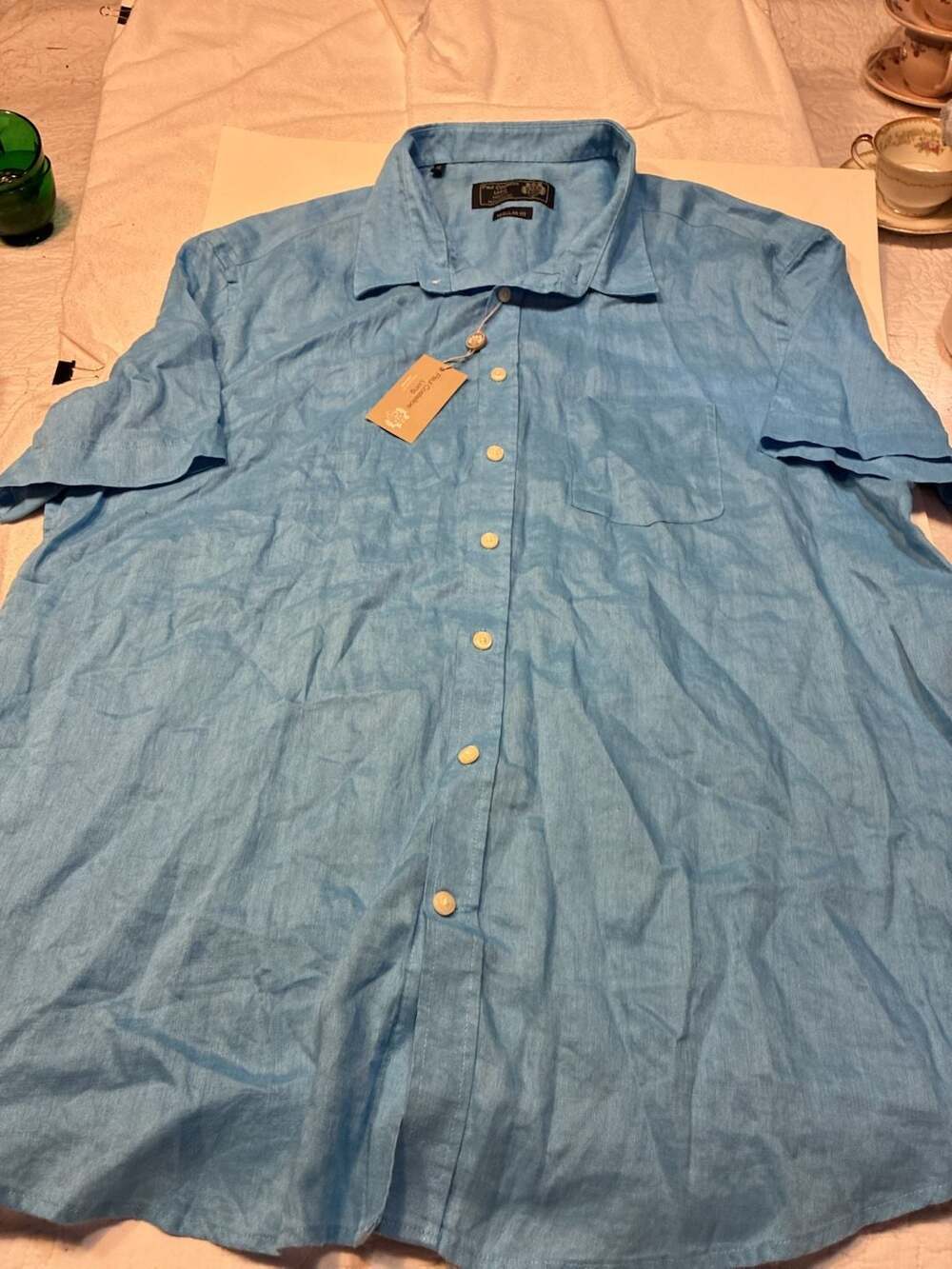 Paul Costelloe Living Men's Short Sleeve Linen Button-Down Shirt, Blue, XL